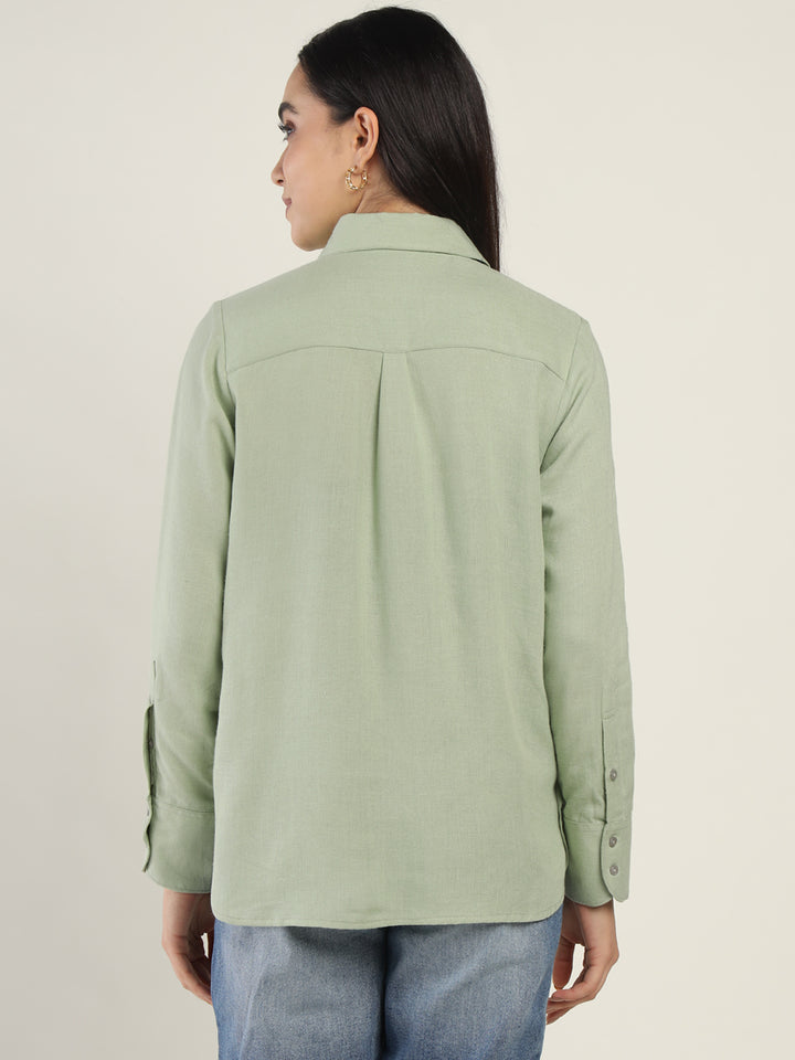 Women Light Green Solid Linen Blend Relaxed Fit Casual Shirt