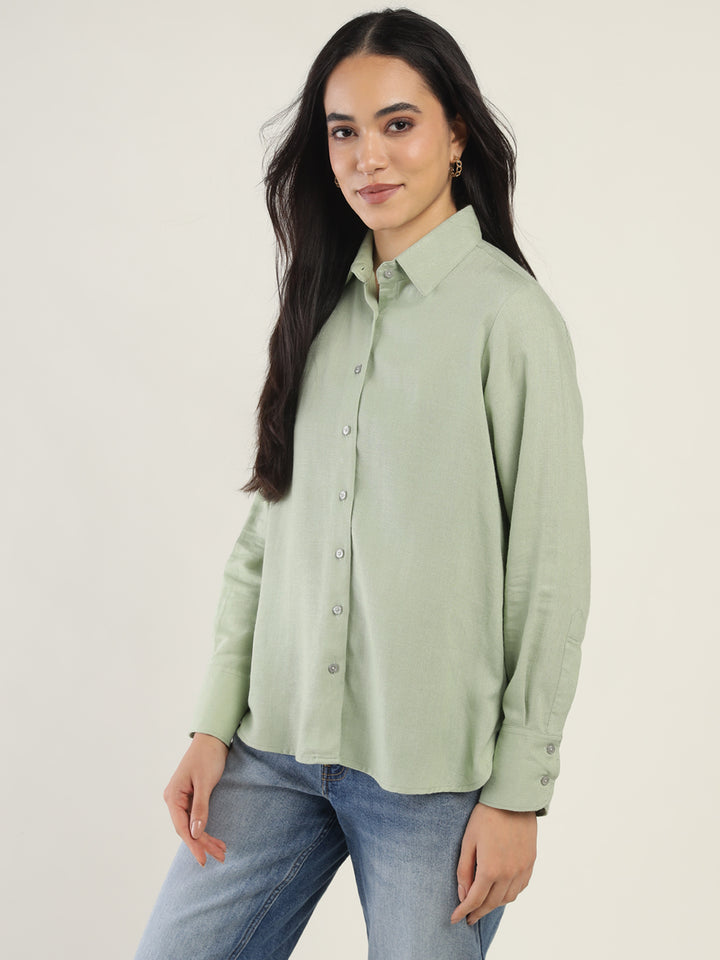Women Light Green Solid Linen Blend Relaxed Fit Casual Shirt