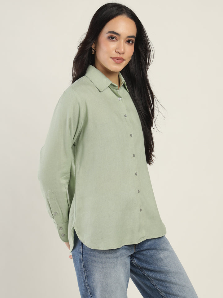 Women Light Green Solid Linen Blend Relaxed Fit Casual Shirt