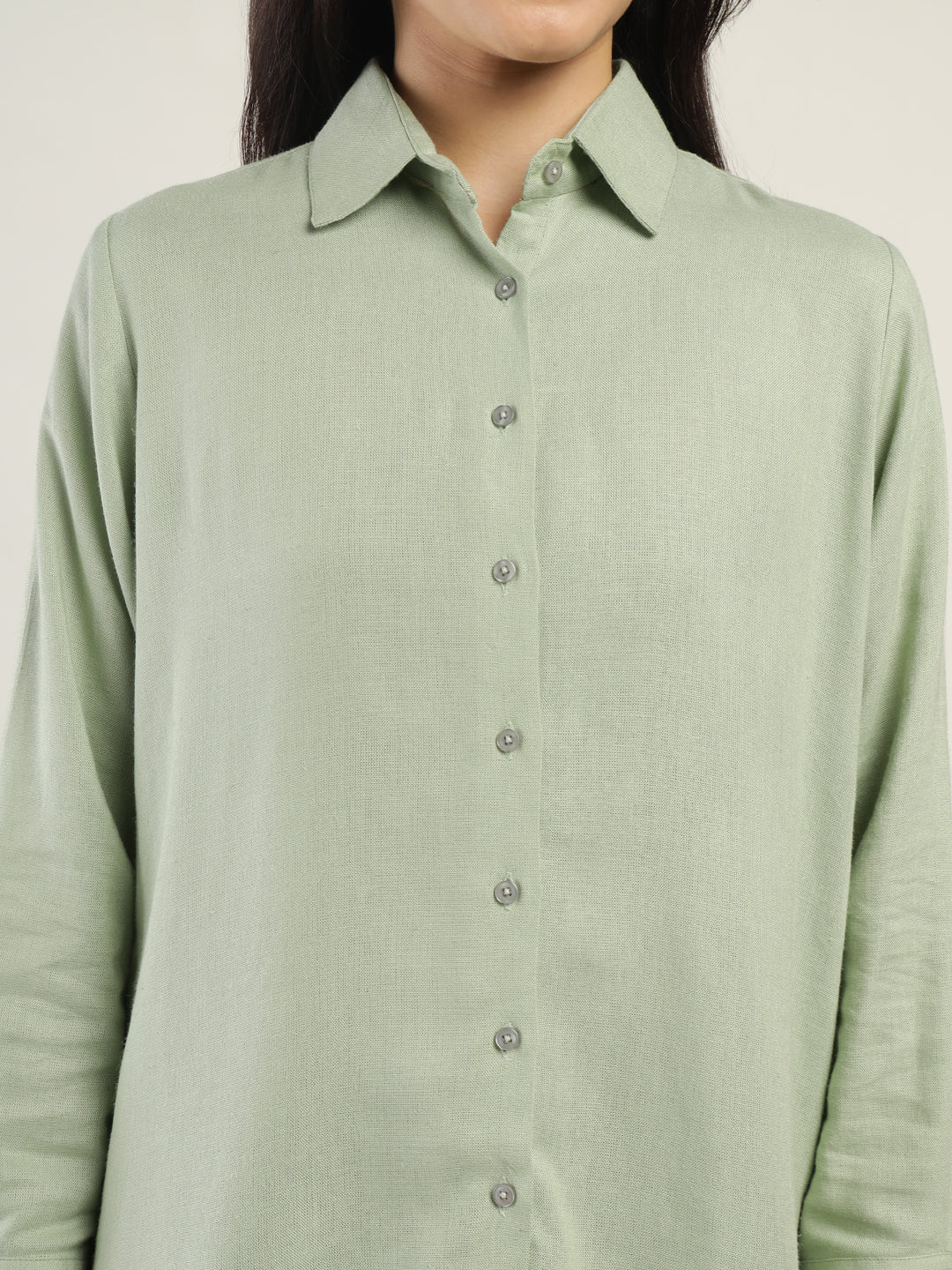 Women Light Green Solid Linen Blend Relaxed Fit Casual Shirt