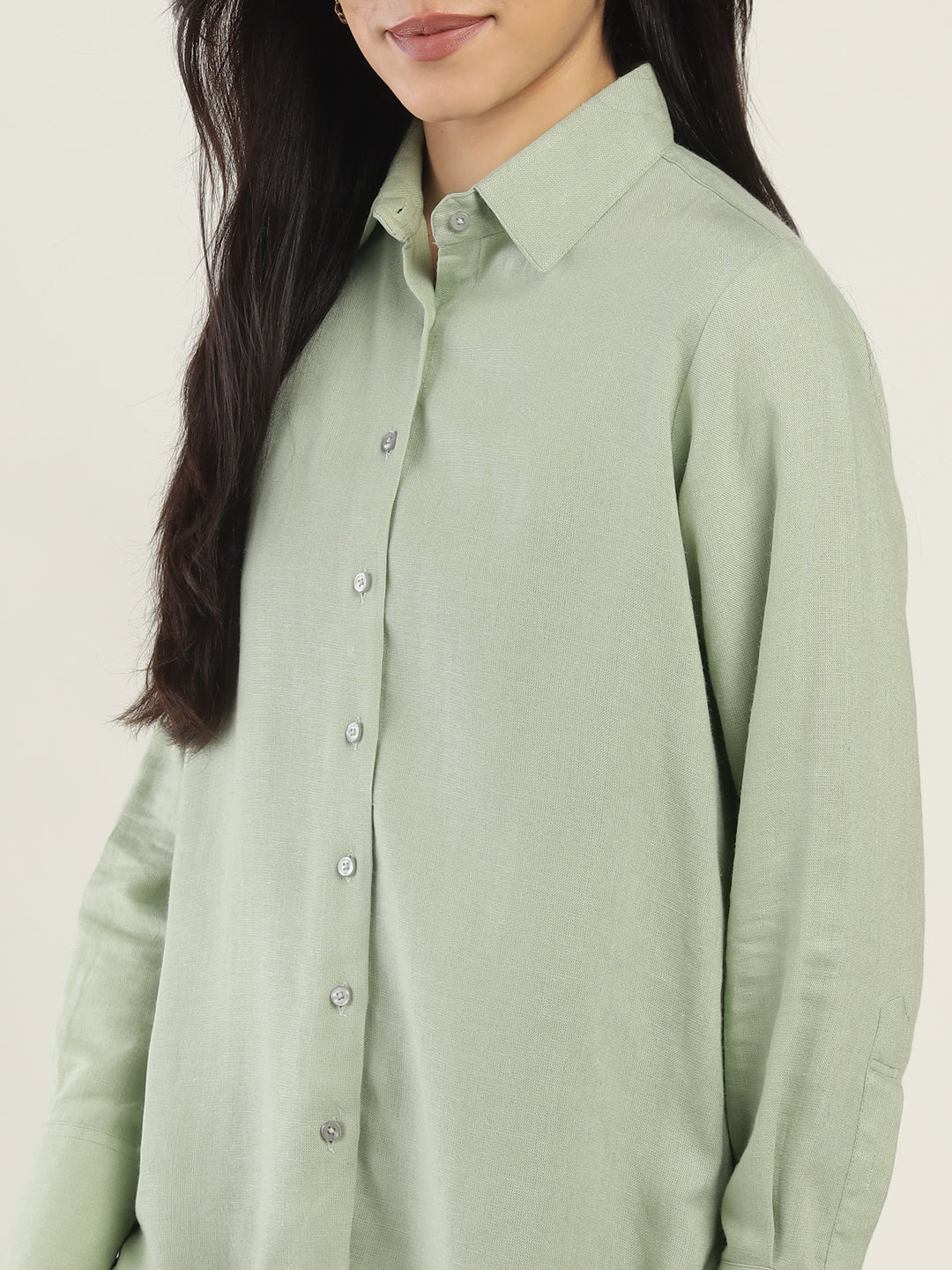 Women Light Green Solid Linen Blend Relaxed Fit Casual Shirt