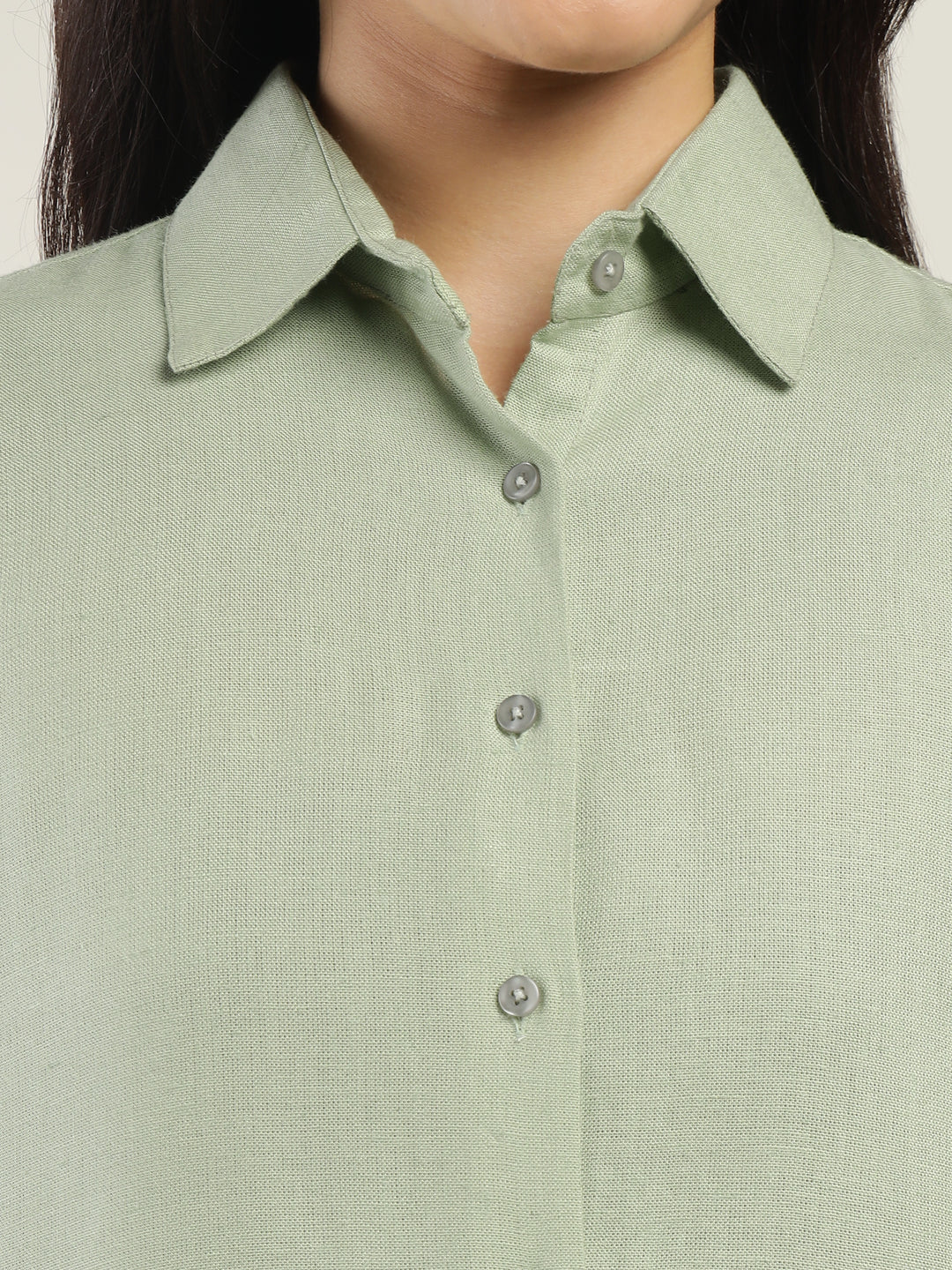 Women Light Green Solid Linen Blend Relaxed Fit Casual Shirt