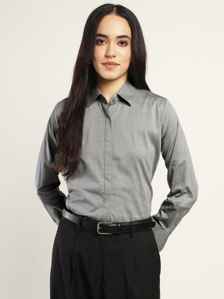 Women Grey Solid Pure Cotton Relaxed Fit Formal Shirt