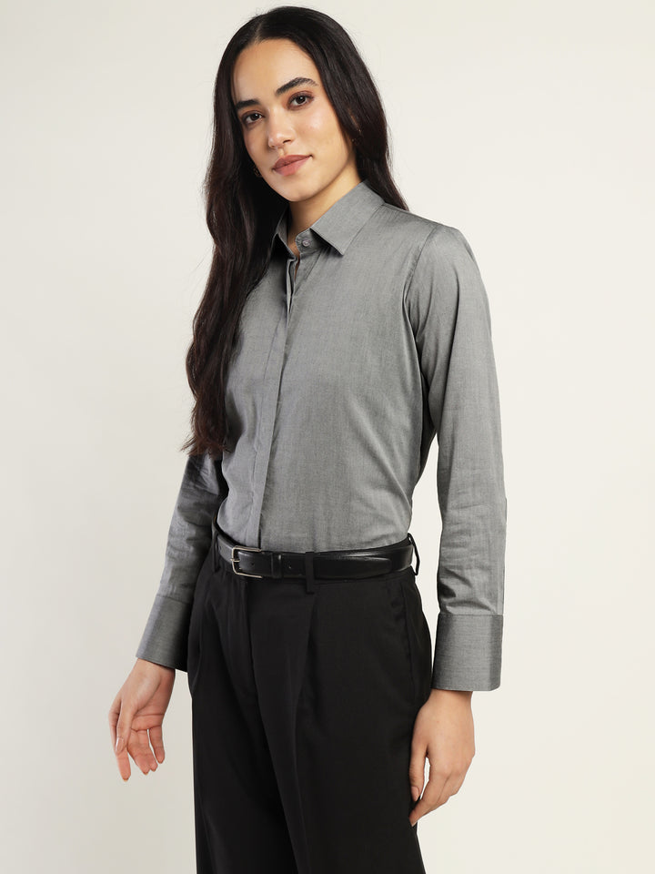 Women Grey Solid Pure Cotton Relaxed Fit Formal Shirt