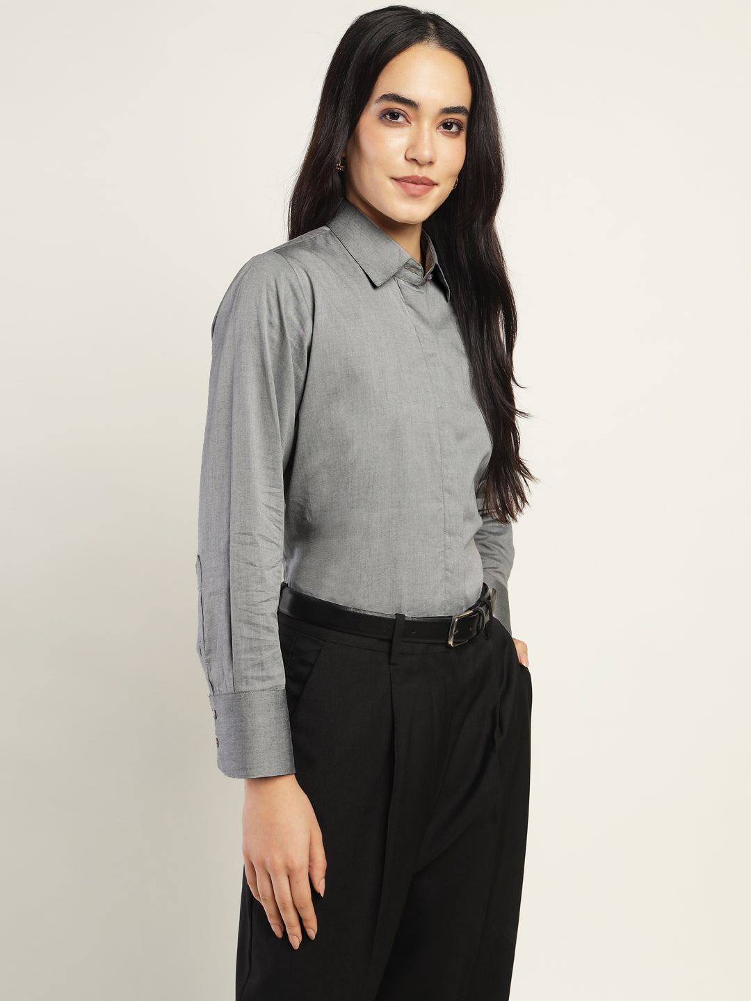 Women Grey Solid Pure Cotton Relaxed Fit Formal Shirt