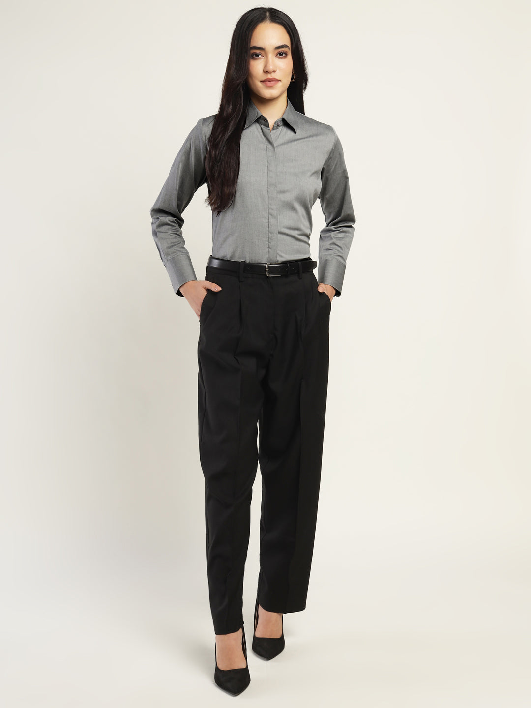 Women Grey Solid Pure Cotton Relaxed Fit Formal Shirt