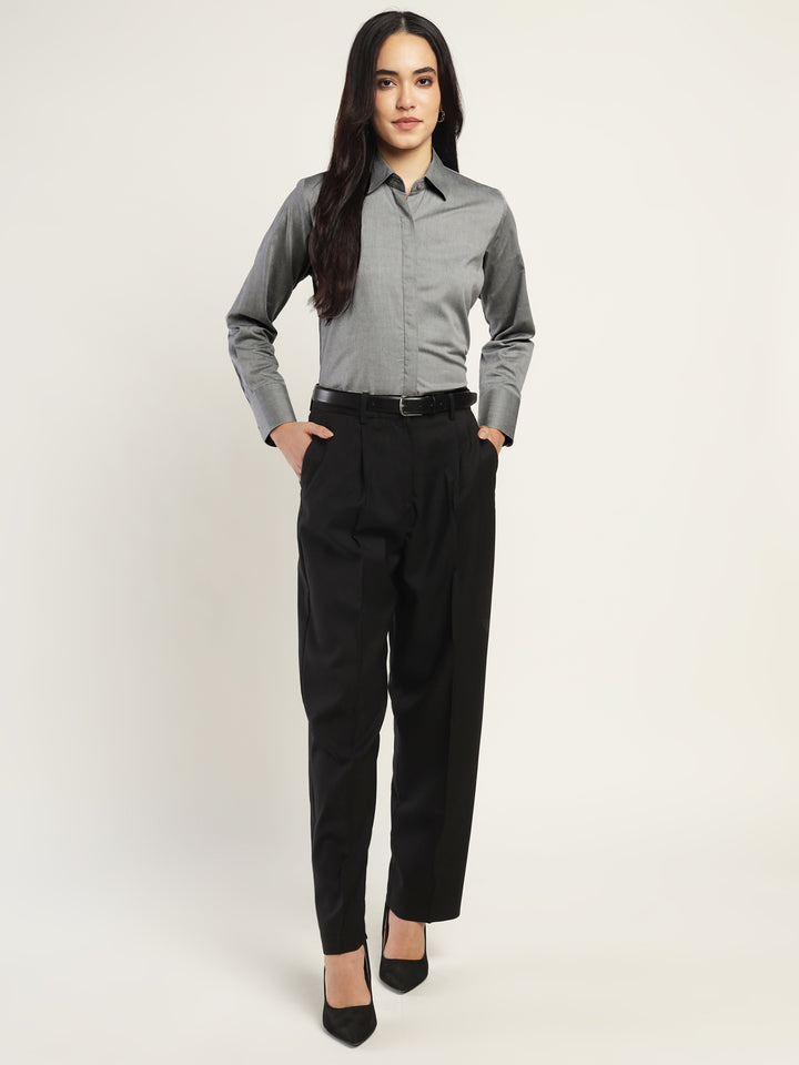 Women Grey Solid Pure Cotton Relaxed Fit Formal Shirt