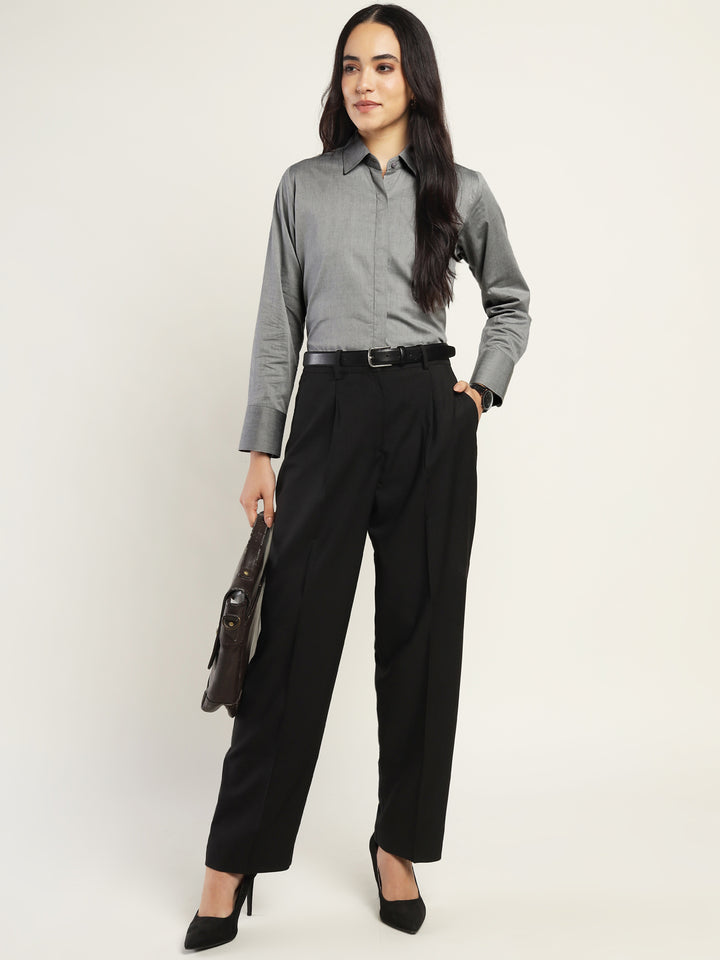 Women Grey Solid Pure Cotton Relaxed Fit Formal Shirt