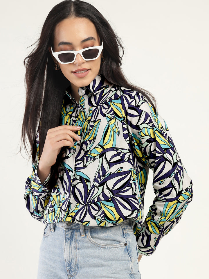Women White & Multi Printed Linen Blend Relaxed Fit Casual Shirt