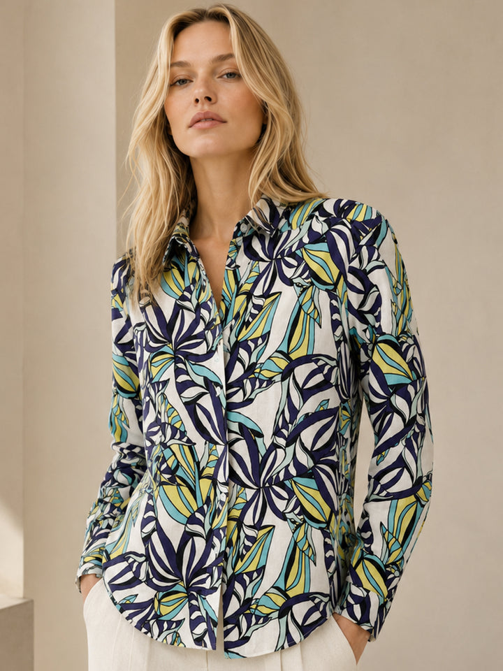 Women White & Multi Printed Linen Blend Relaxed Fit Casual Shirt