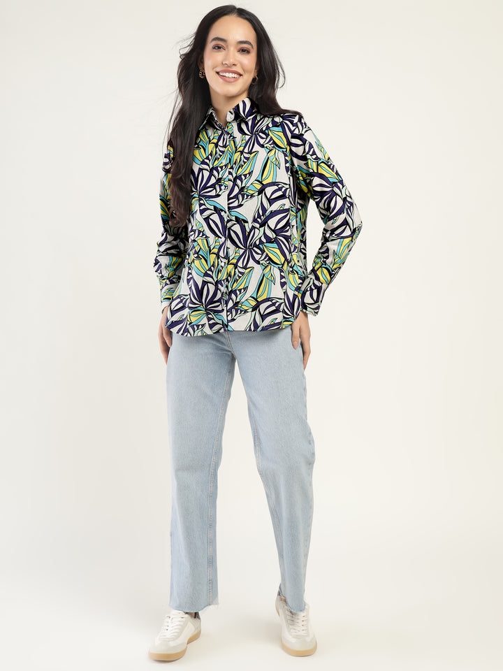 Women White & Multi Printed Linen Blend Relaxed Fit Casual Shirt