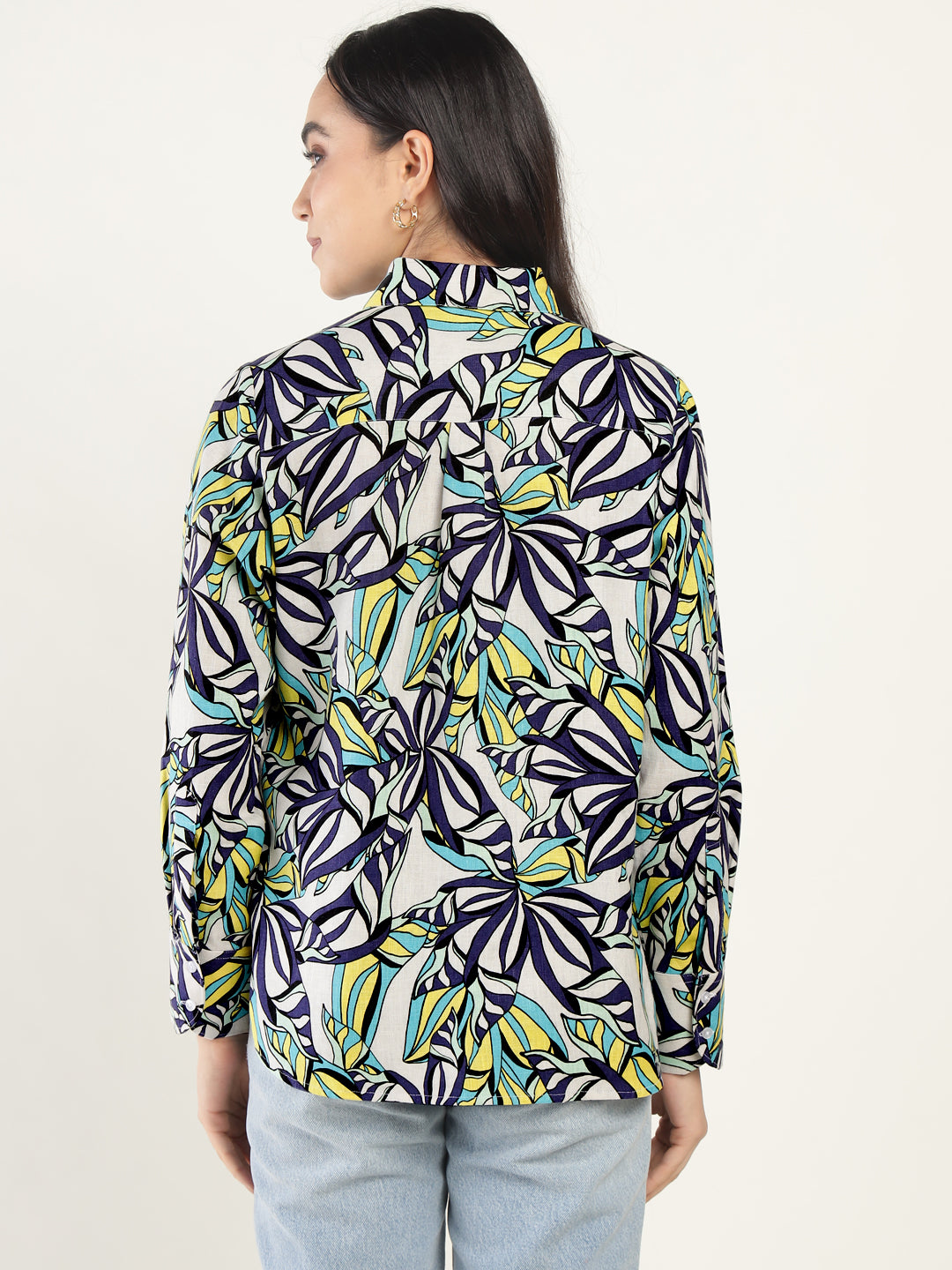 Women White & Multi Printed Linen Blend Relaxed Fit Casual Shirt