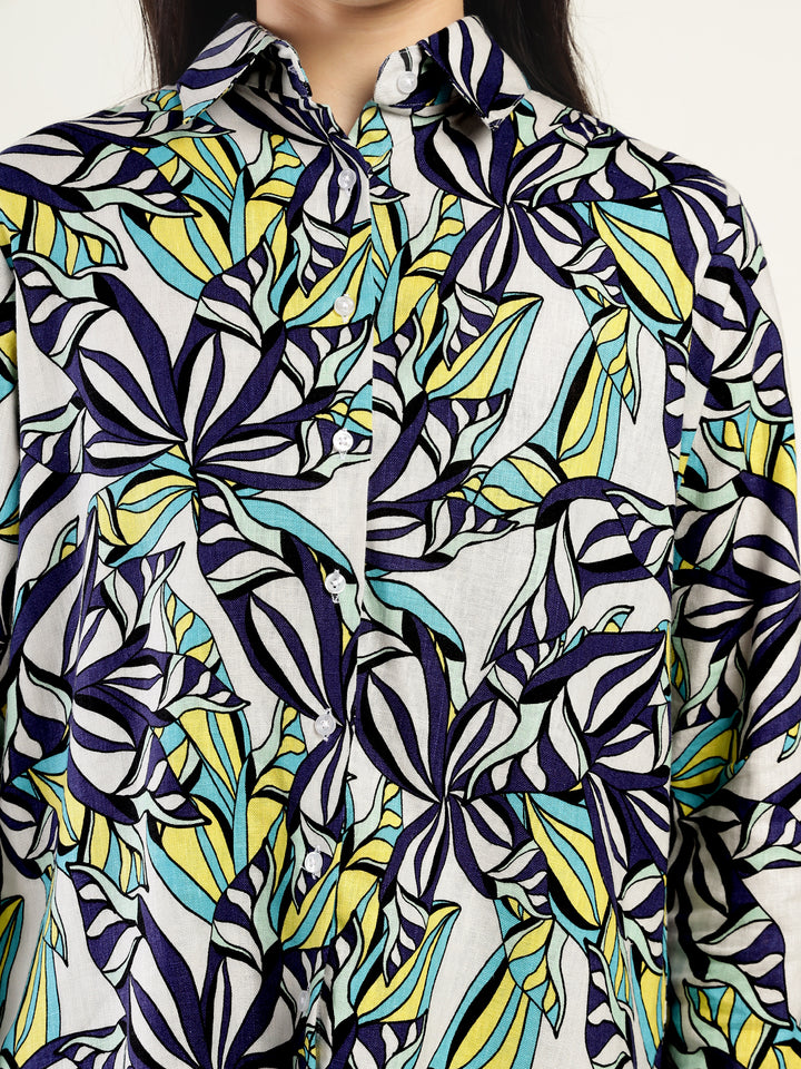 Women White & Multi Printed Linen Blend Relaxed Fit Casual Shirt