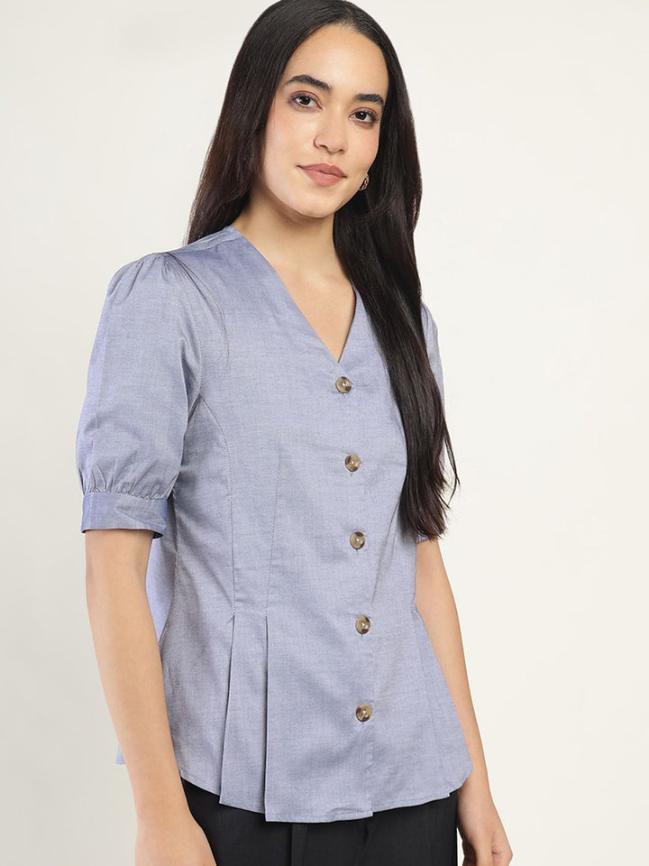 Women Dark Blue Solid Pure Cotton Regular Fit Formal Shirt