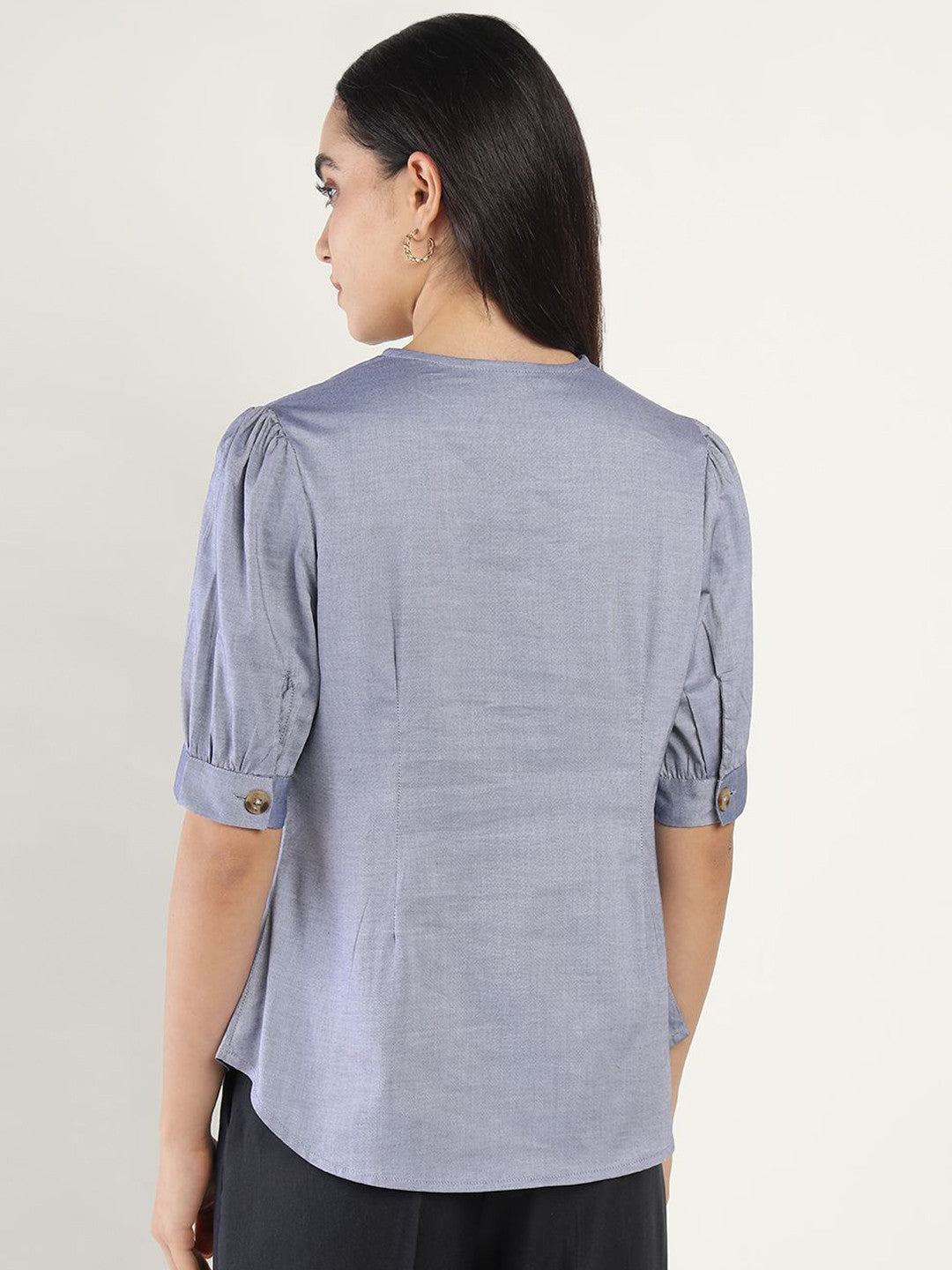 Women Dark Blue Solid Pure Cotton Regular Fit Formal Shirt