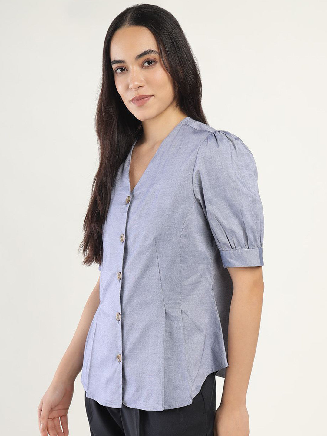 Women Dark Blue Solid Pure Cotton Regular Fit Formal Shirt