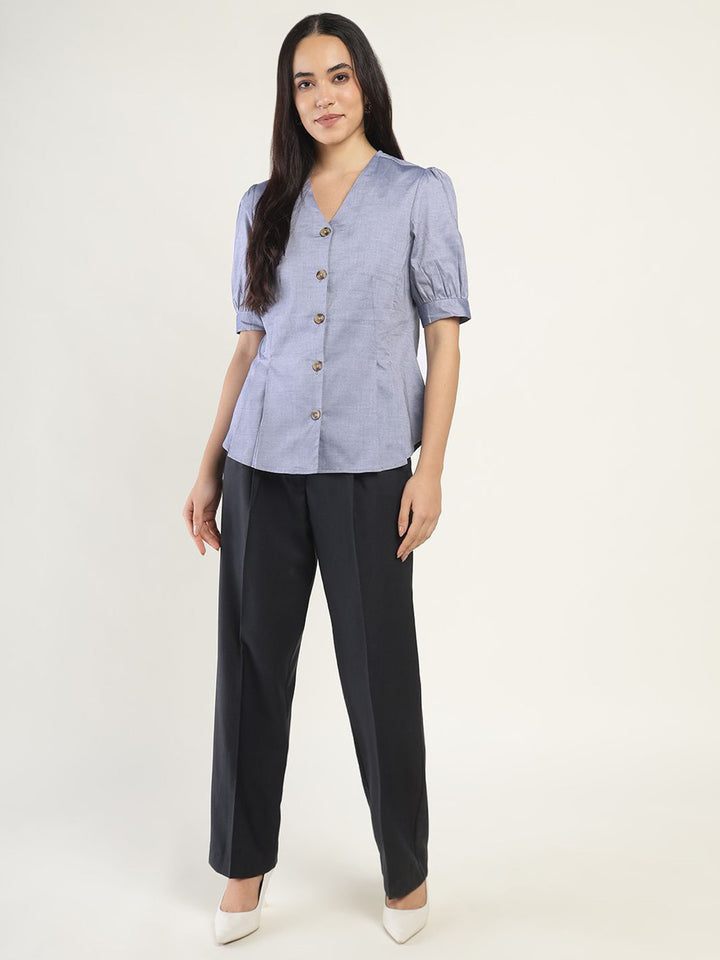 Women Dark Blue Solid Pure Cotton Regular Fit Formal Shirt