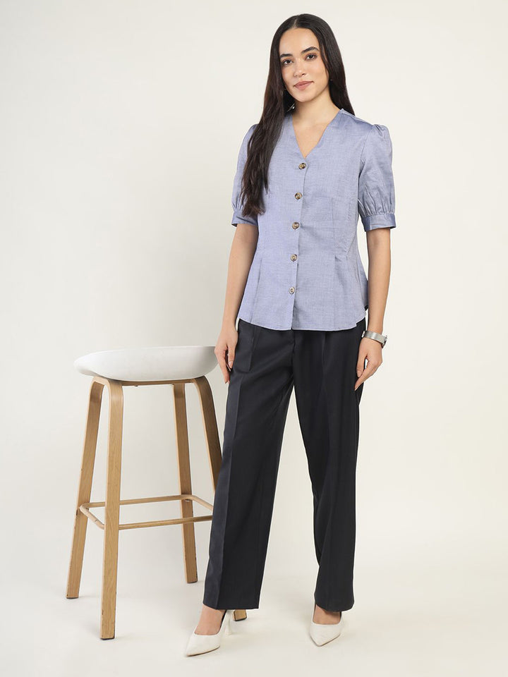 Women Dark Blue Solid Pure Cotton Regular Fit Formal Shirt