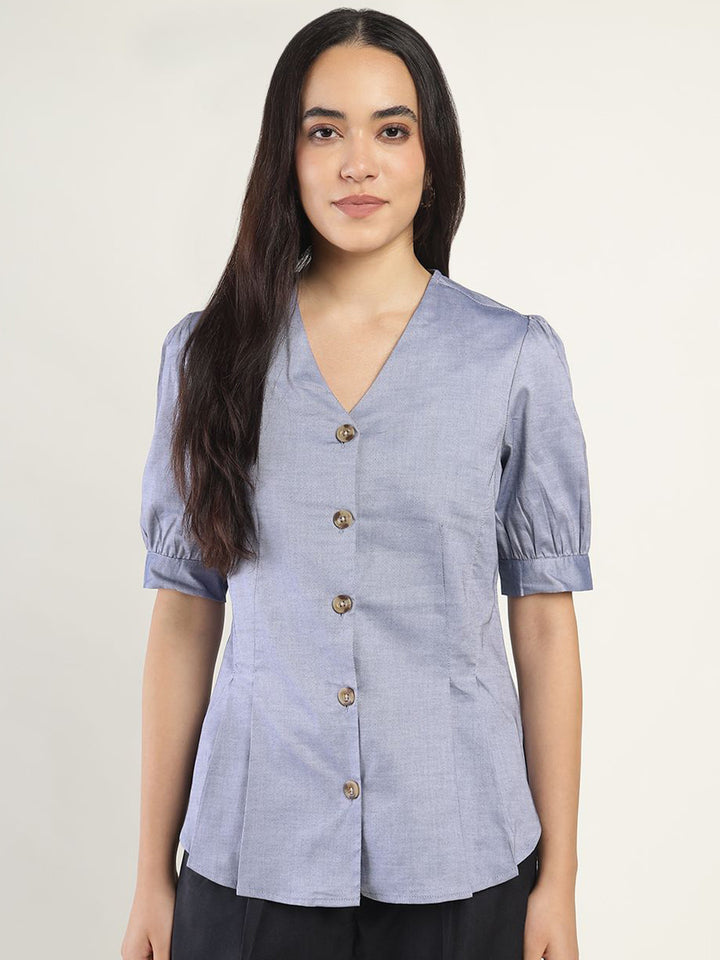 Women Dark Blue Solid Pure Cotton Regular Fit Formal Shirt