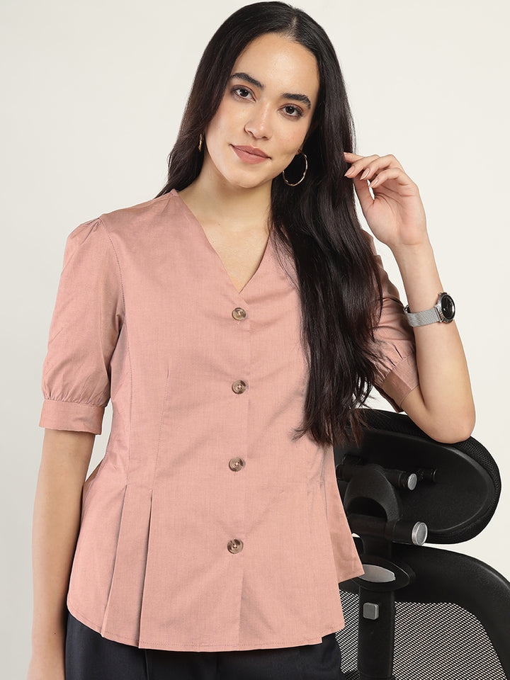 Women Coral Solid Pure Cotton Regular Fit Formal Shirt