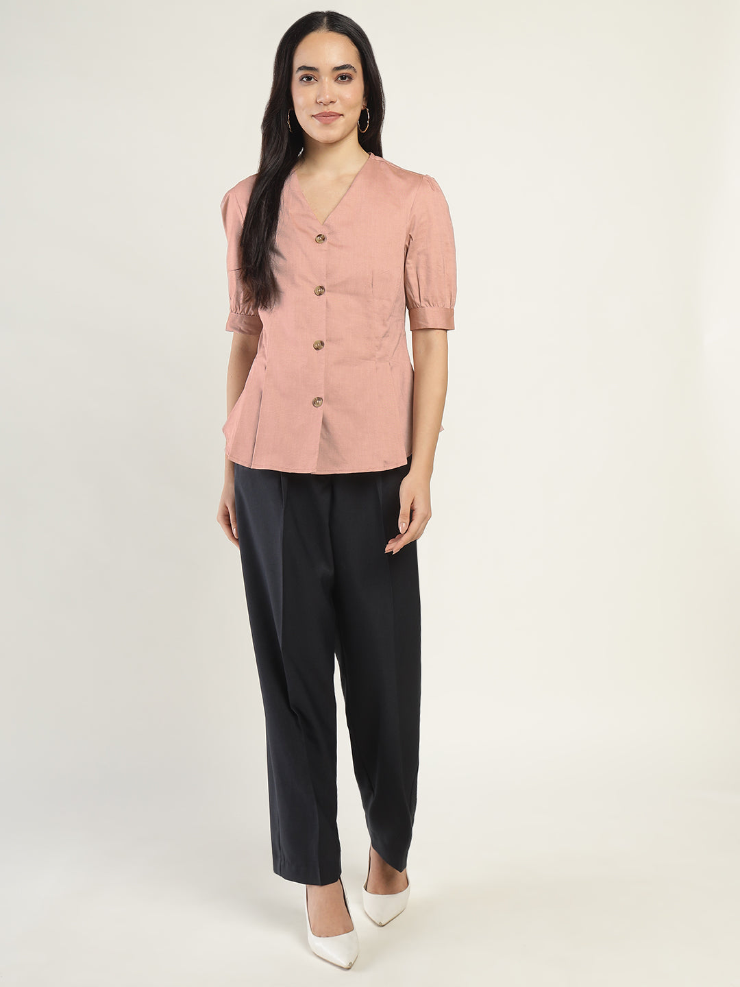 Women Coral Solid Pure Cotton Regular Fit Formal Shirt
