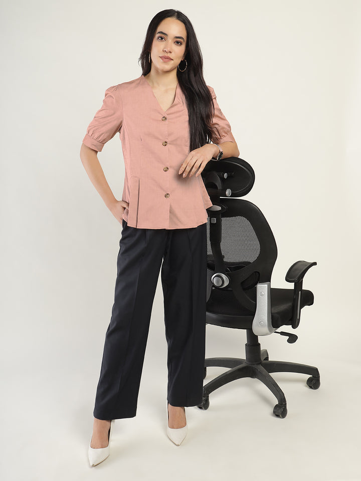 Women Coral Solid Pure Cotton Regular Fit Formal Shirt