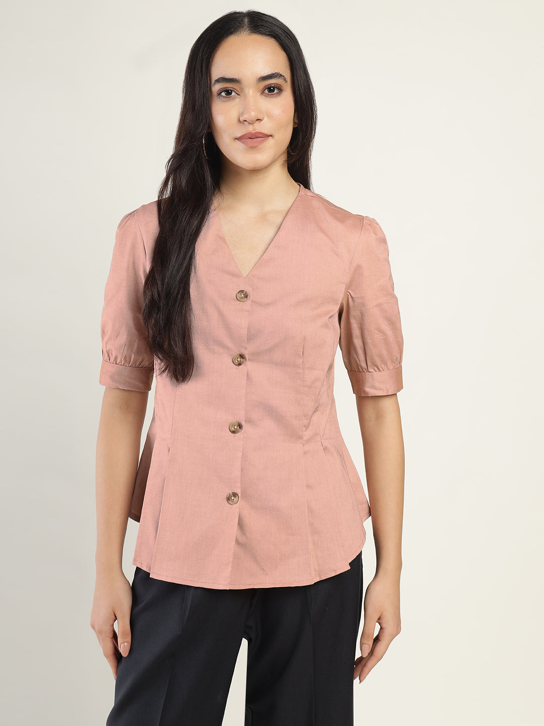 Women Coral Solid Pure Cotton Regular Fit Formal Shirt