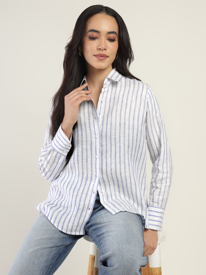 Women White & Blue Striped Pure Linen Relaxed Fit Formal Shirt