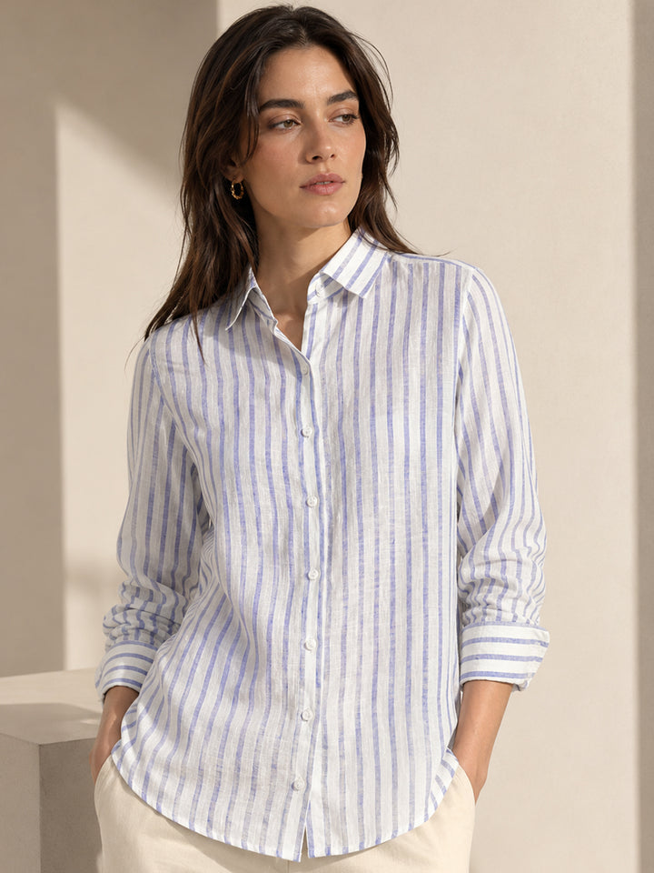 Women White & Blue Striped Pure Linen Relaxed Fit Formal Shirt