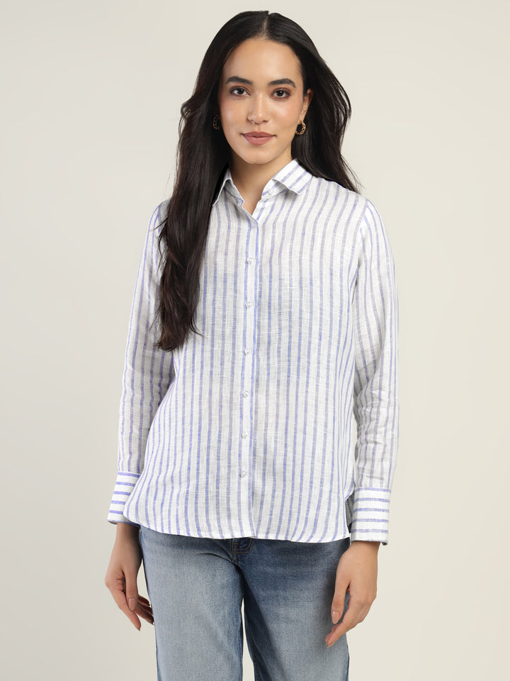 Women White & Blue Striped Pure Linen Relaxed Fit Formal Shirt