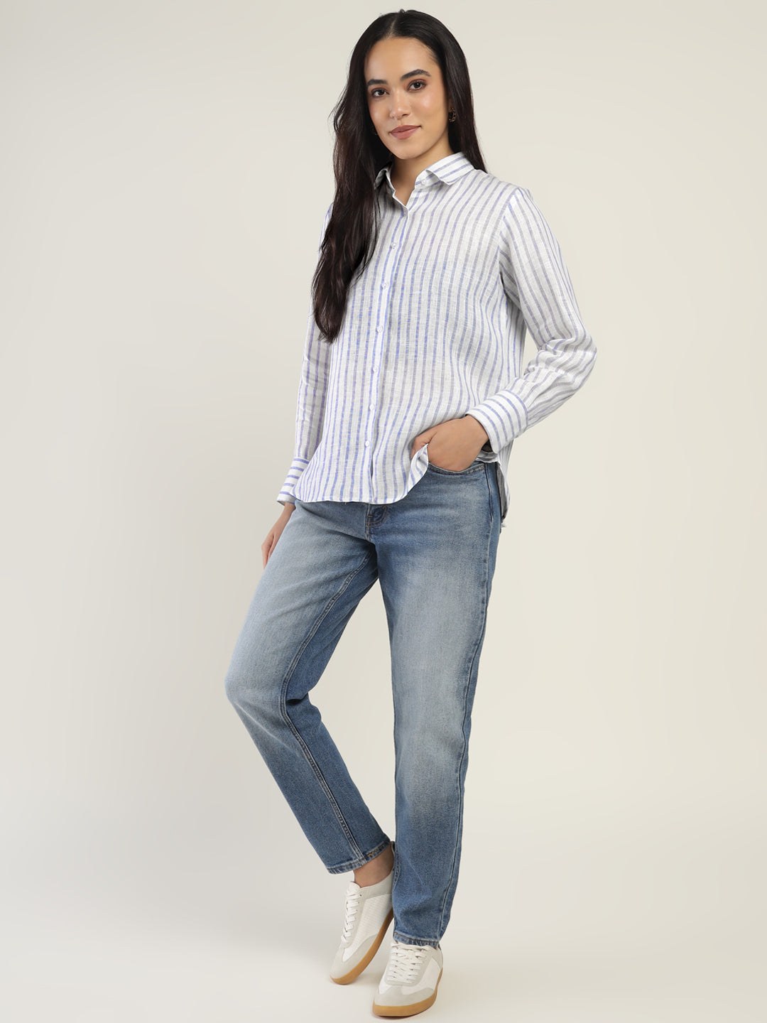 Women White & Blue Striped Pure Linen Relaxed Fit Formal Shirt