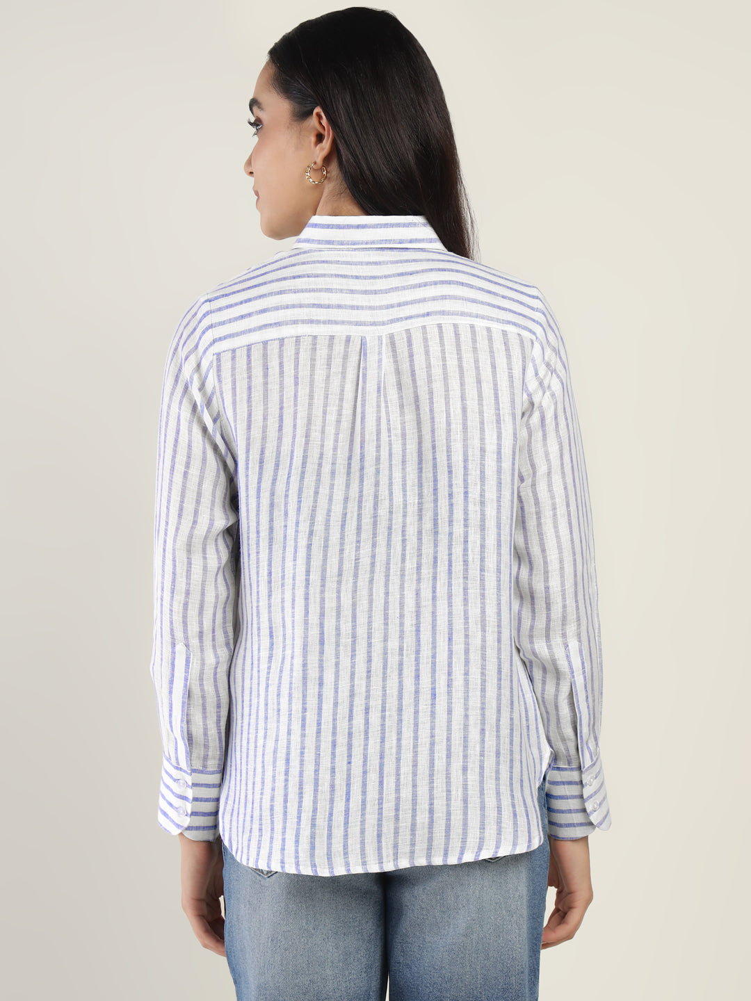 Women White & Blue Striped Pure Linen Relaxed Fit Formal Shirt