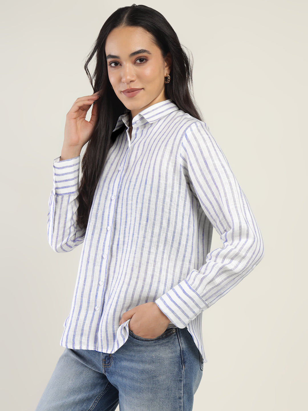 Women White & Blue Striped Pure Linen Relaxed Fit Formal Shirt