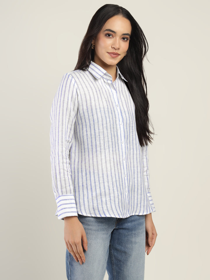 Women White & Blue Striped Pure Linen Relaxed Fit Formal Shirt