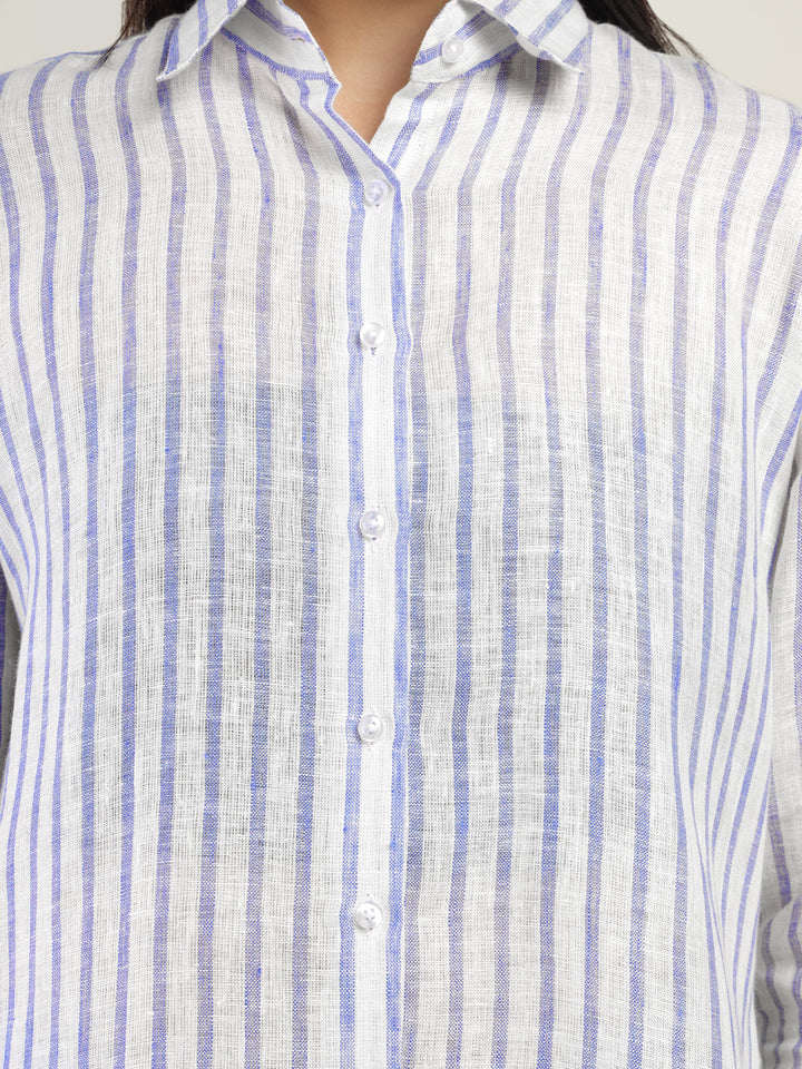 Women White & Blue Striped Pure Linen Relaxed Fit Formal Shirt