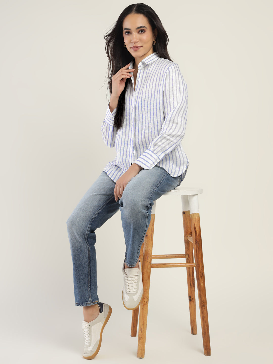 Women White & Blue Striped Pure Linen Relaxed Fit Formal Shirt