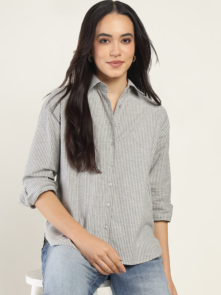 Women Beige & Black Striped Pure Cotton Relaxed Fit Casual Shirt