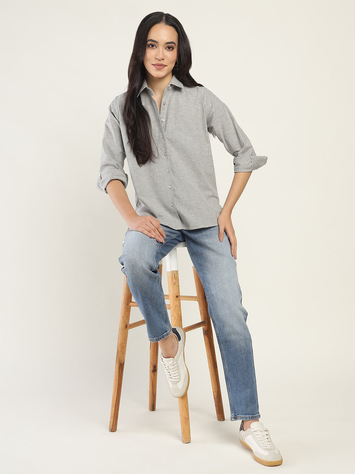 Women Beige & Black Striped Pure Cotton Relaxed Fit Casual Shirt