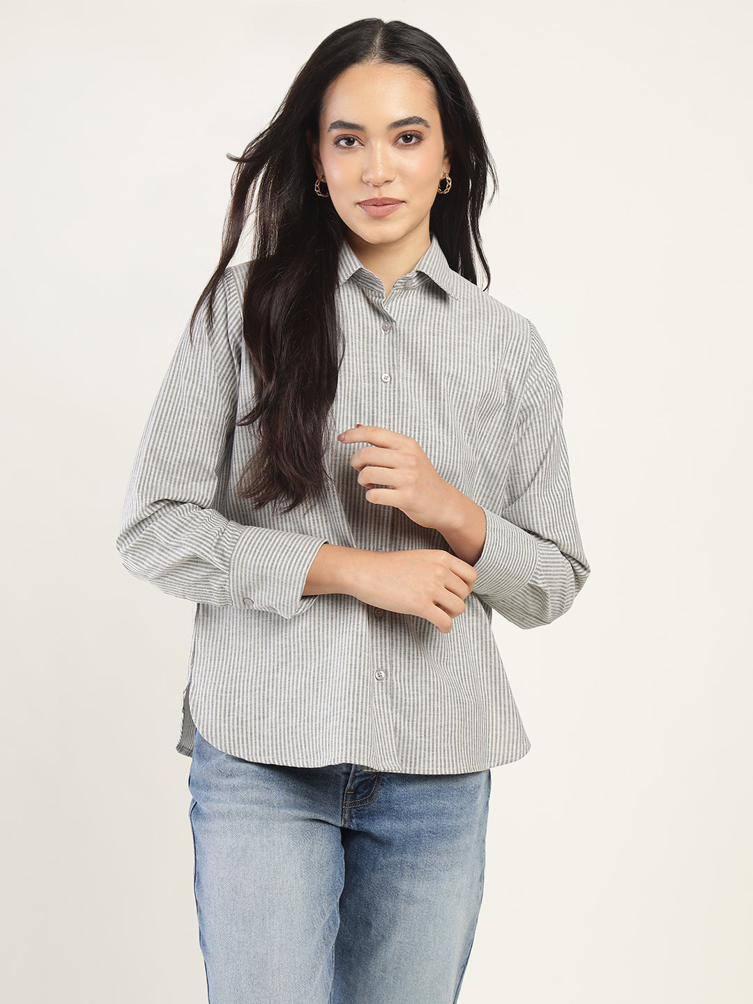 Women Beige & Black Striped Pure Cotton Relaxed Fit Casual Shirt