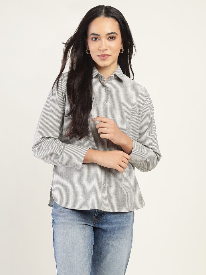 Women Beige & Black Striped Pure Cotton Relaxed Fit Casual Shirt