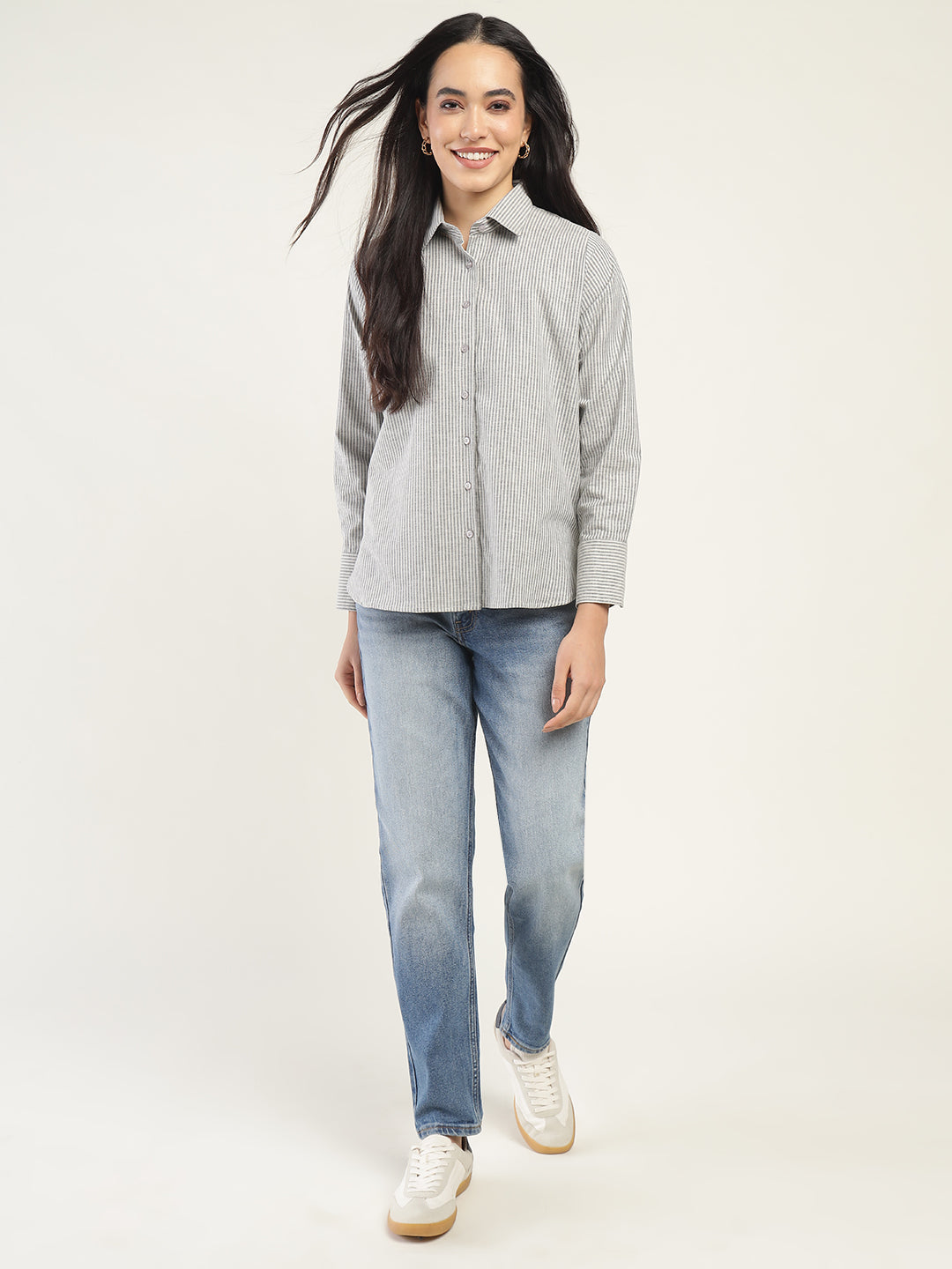 Women Beige & Black Striped Pure Cotton Relaxed Fit Casual Shirt