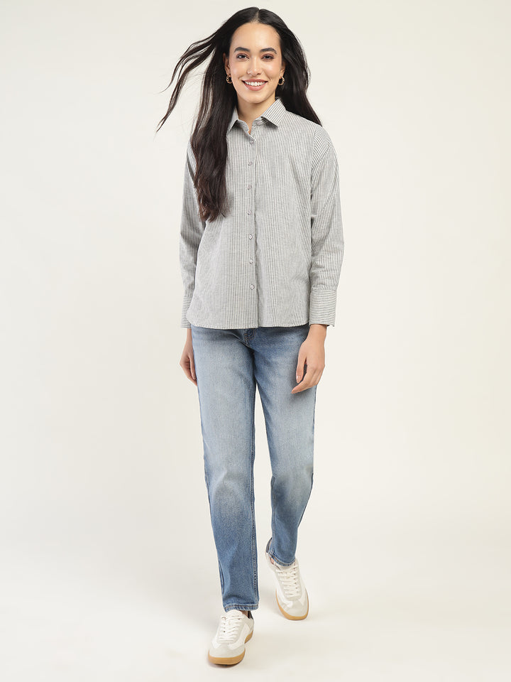Women Beige & Black Striped Pure Cotton Relaxed Fit Casual Shirt