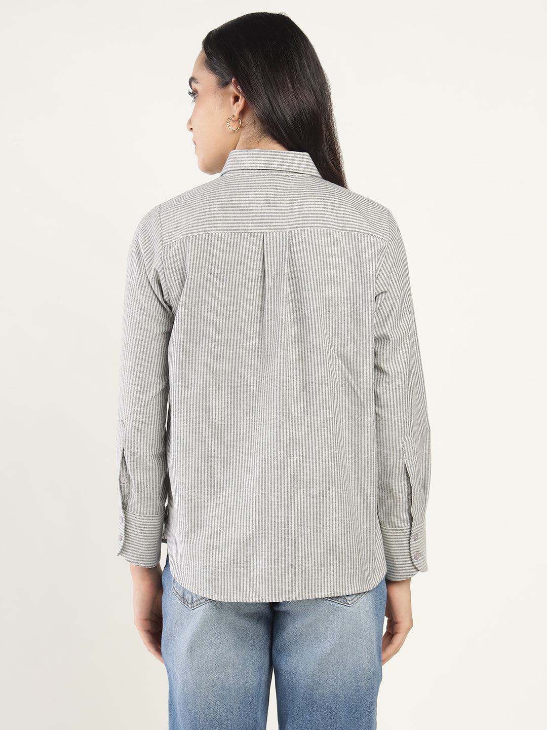 Women Beige & Black Striped Pure Cotton Relaxed Fit Casual Shirt