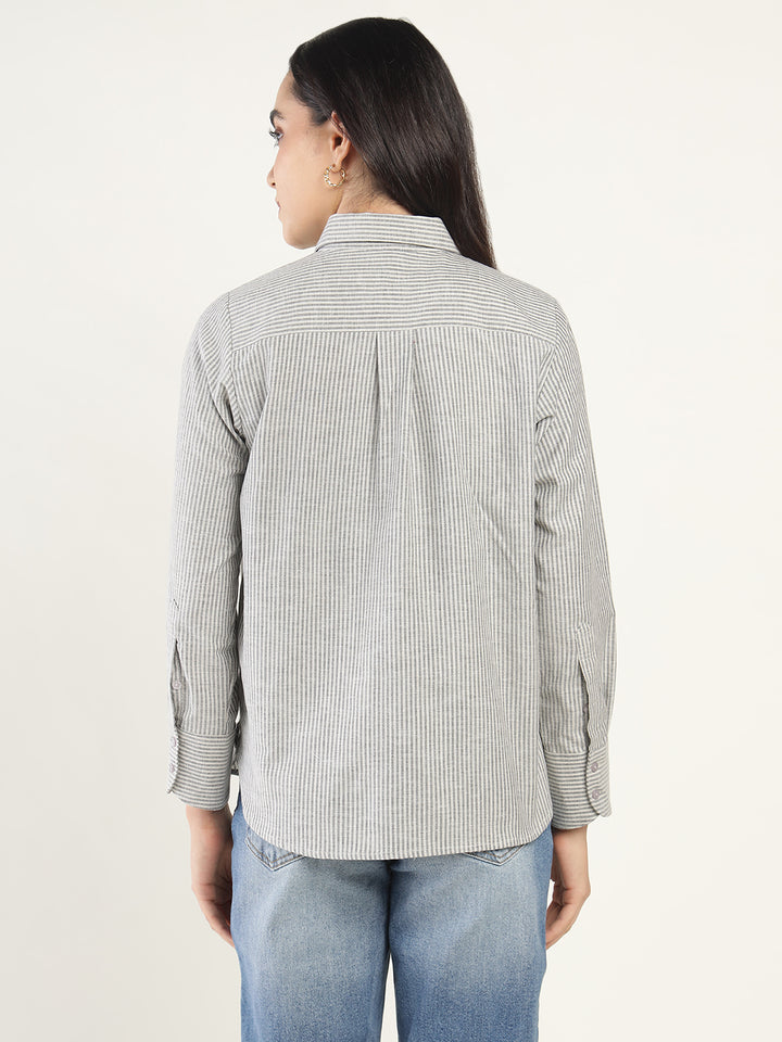 Women Beige & Black Striped Pure Cotton Relaxed Fit Casual Shirt