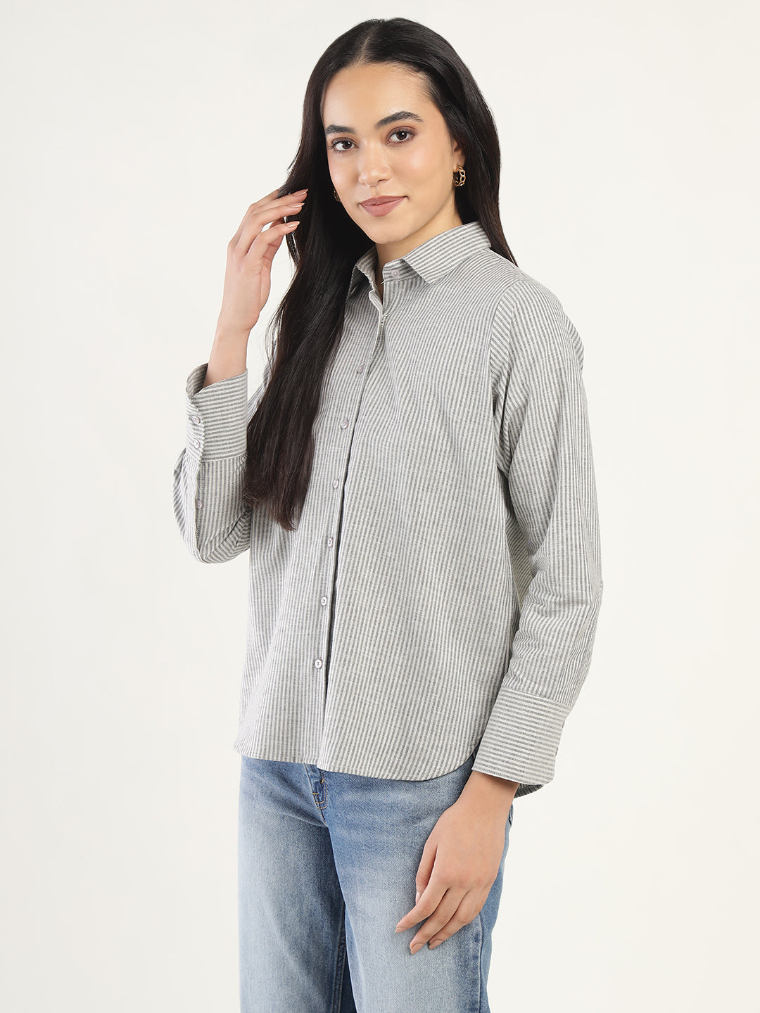 Women Beige & Black Striped Pure Cotton Relaxed Fit Casual Shirt
