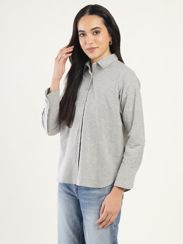 Women Beige & Black Striped Pure Cotton Relaxed Fit Casual Shirt
