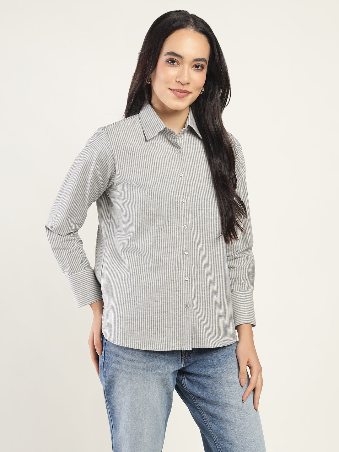 Women Beige & Black Striped Pure Cotton Relaxed Fit Casual Shirt