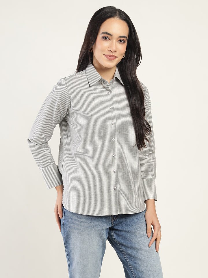 Women Beige & Black Striped Pure Cotton Relaxed Fit Casual Shirt