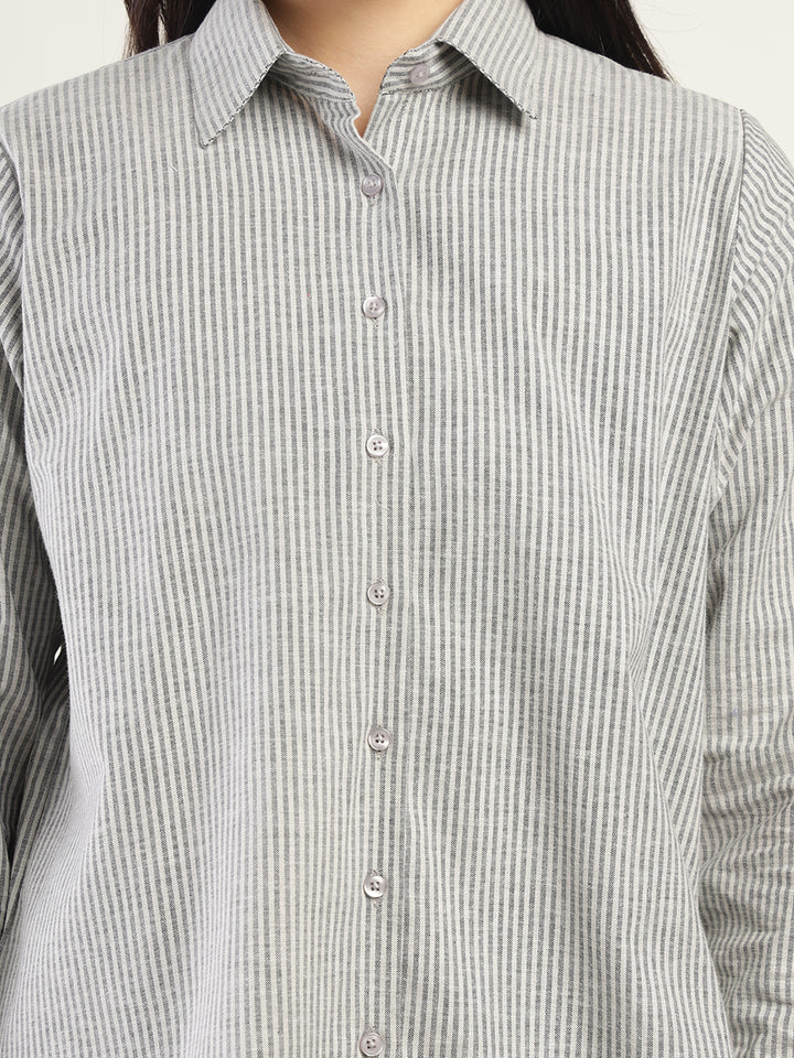 Women Beige & Black Striped Pure Cotton Relaxed Fit Casual Shirt