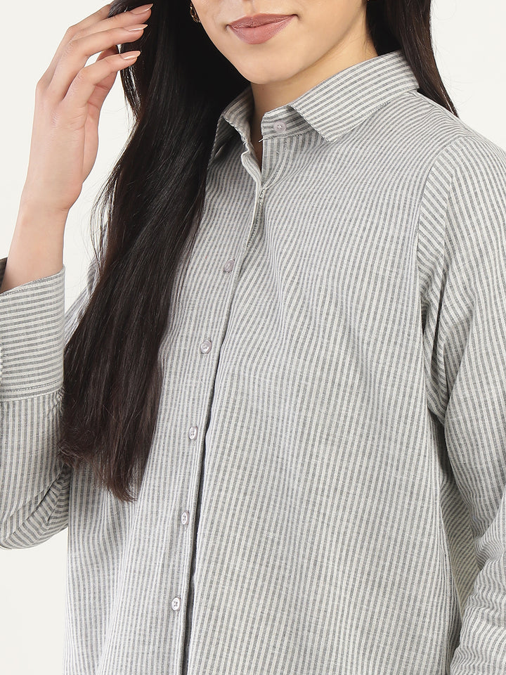 Women Beige & Black Striped Pure Cotton Relaxed Fit Casual Shirt